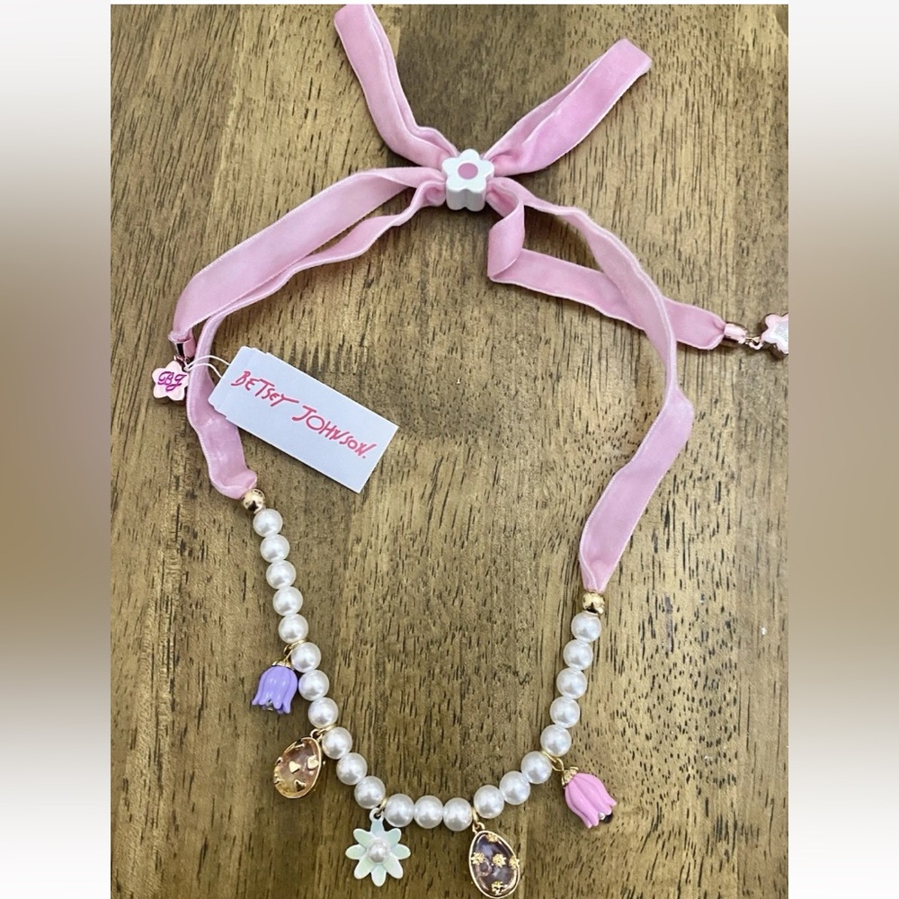 BETSEY JOHNSON Easter Holiday Multiple Charms Pearl and Ribbon Necklace NEW NWT